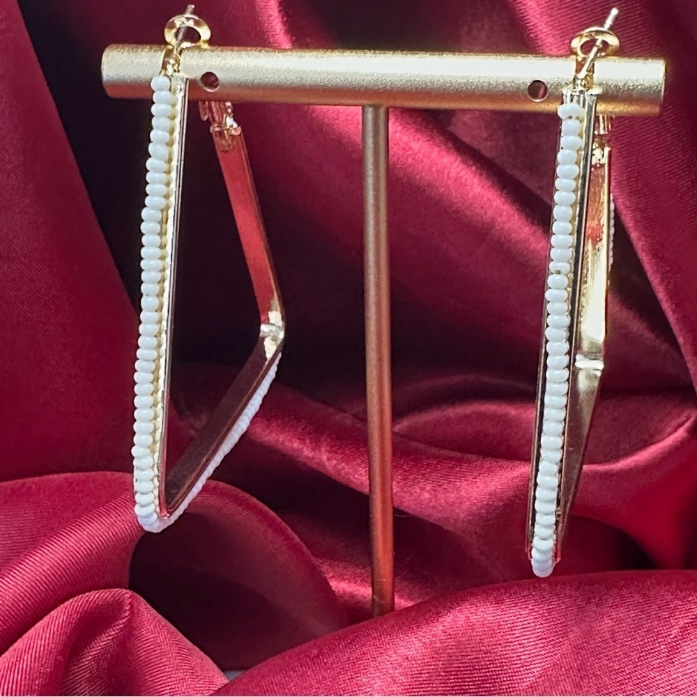 White Beaded Triangle Hoop Earrings | Bold Geometric Statement Jewelry | NWT - Picture 8 of 11